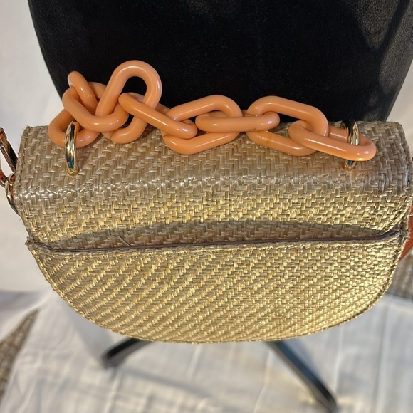 Anne Klein Mini Convertible Shoulder Bag with Resin Chain, Straw Weave Apricot - Picture 9 of 15